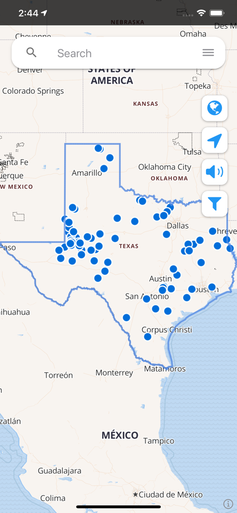 Petro Path - Map view of Texas in the Petro Path app showing oil and gas well locations marked with blue dots