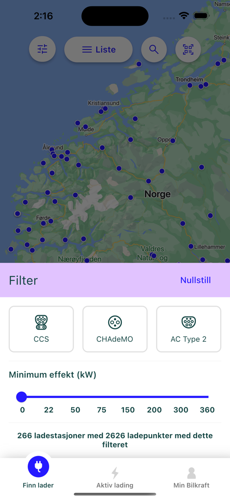 Bilkraft app interface showing EV charging station filters for plug types and power capacity on a map.