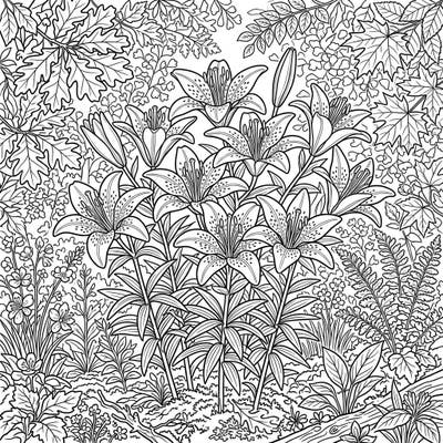 Bring the vibrant energy of a summer woodland to life with this intricate coloring page featuring beautiful wood lilies. Discover the joy of nature's bloom and create a colorful masterpiece.