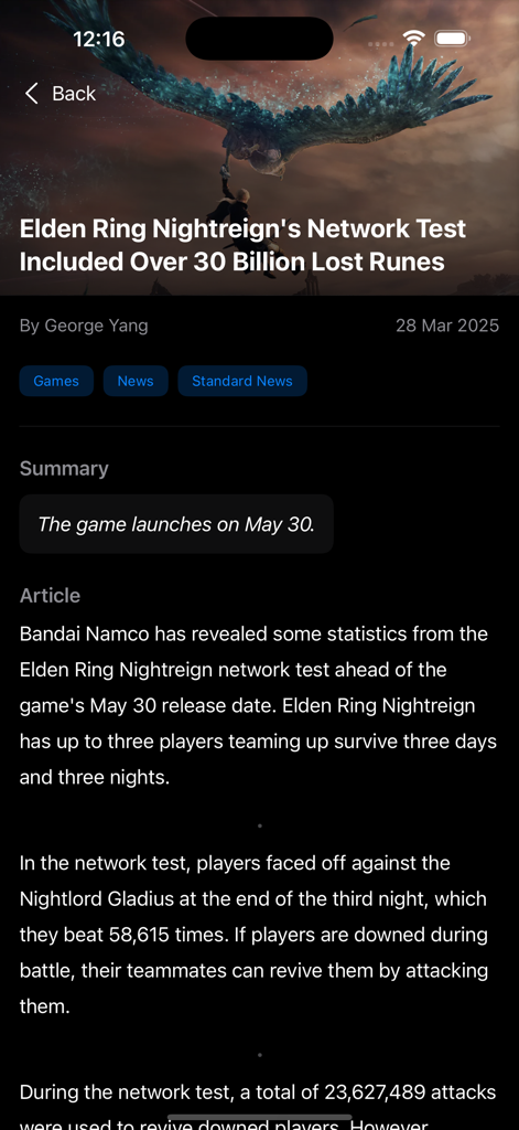 XP Game News - Detailed news article interface for Elden Ring Nightreign on the XP Game News app in dark mode