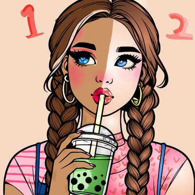 realistic girl with braided hair drinking boba
