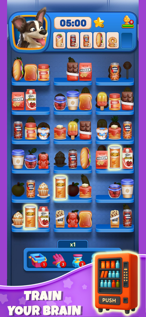 Interfaz del juego móvil Triple Goods Sort mostrando la combinación de artículos de comida en estantes.