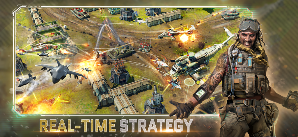 War Commander: Rogue Assault - Gritty real-time strategy battlefield with tanks, fighter jets, and a soldier character from War Commander Rogue Assault.