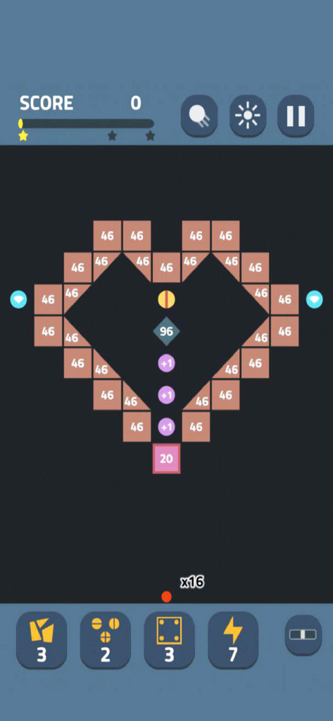 Bricks Master Legend - A heart shaped brick layout in Bricks Master Legend with numbered blocks and power up buttons