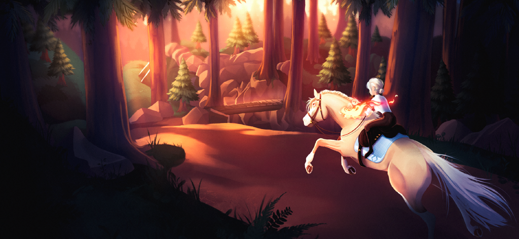 Wildshade Fantasy Horse Races - A rider on a white horse galloping through a sunlit magical forest