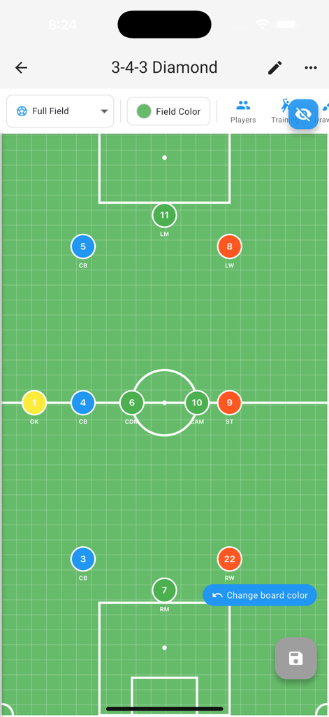 Soccer Tactics Board Pro - Digital soccer tactics board displaying a 3-4-3 diamond formation with numbered players on a green pitch