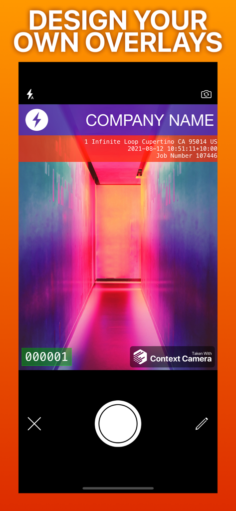 Context Camera - Mobile interface of Context Camera showing a photo with a custom professional overlay including logo and location info