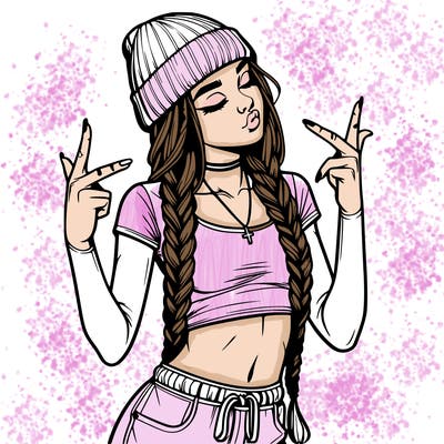 realistic teenage girl with braids and a beanie and crop top doing 🫶🏼