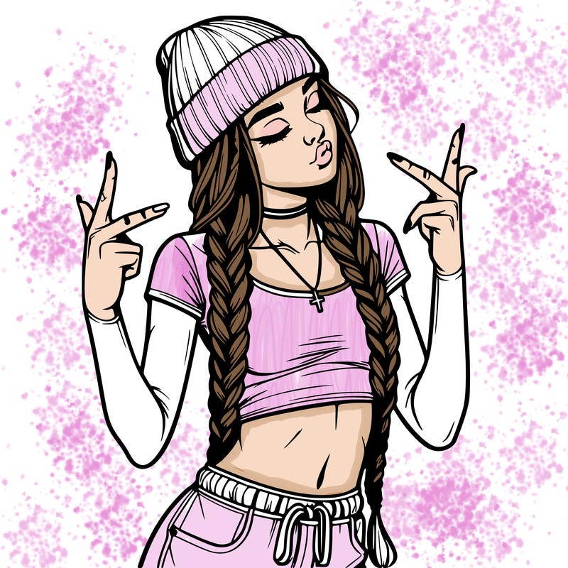 realistic teenage girl with braids and a beanie and crop top doing 🫶🏼