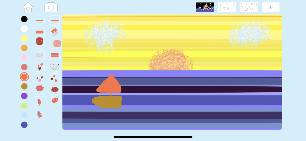 子供が描いた、紫の海に沈む夕日と雲のエフェクトがある帆船のデジタル絵