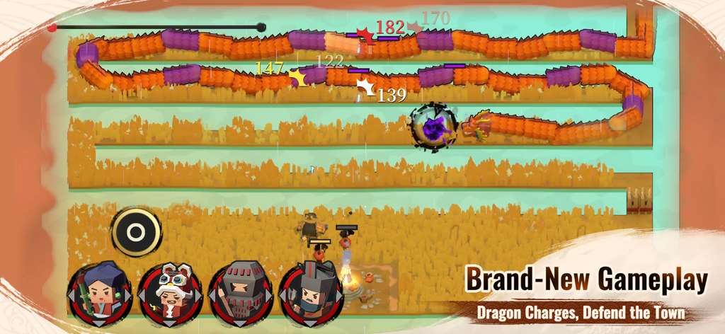 Inkvasion - Jeu de stratégie 3D en blocs Inkvasion montrant un grand boss dragon segmenté chargeant à travers un champ avec des unités héroïques en défense.