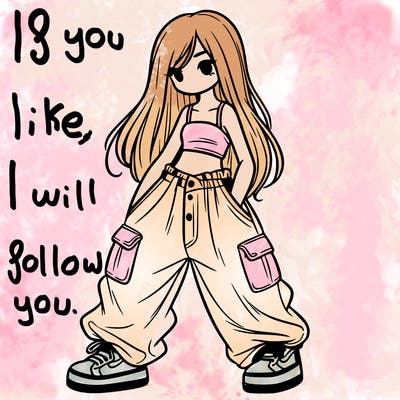 girl in baggy pants, crop top, and long hair
