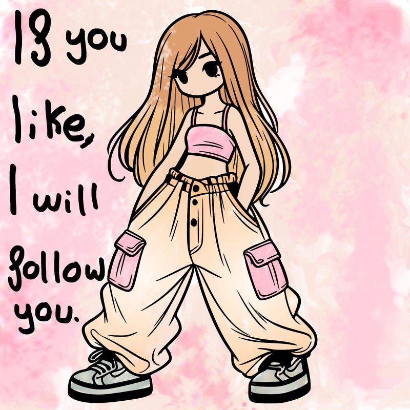 girl in baggy pants, crop top, and long hair