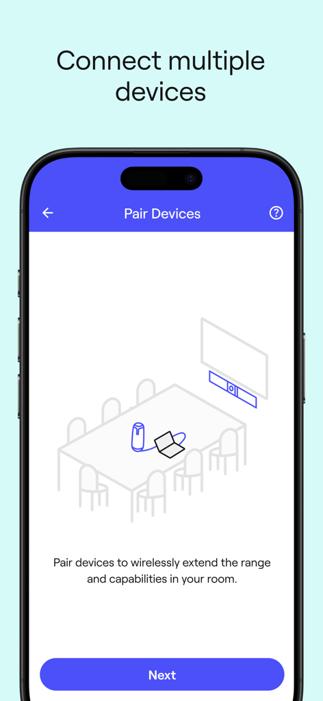 Meeting Owl app interface for pairing multiple devices to extend wireless range in a conference room