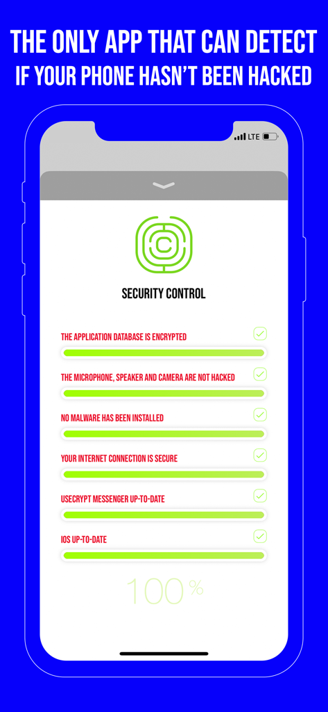 UseCrypt Messenger - UseCrypt Messenger app security control screen showing a hundred percent safety score checklist