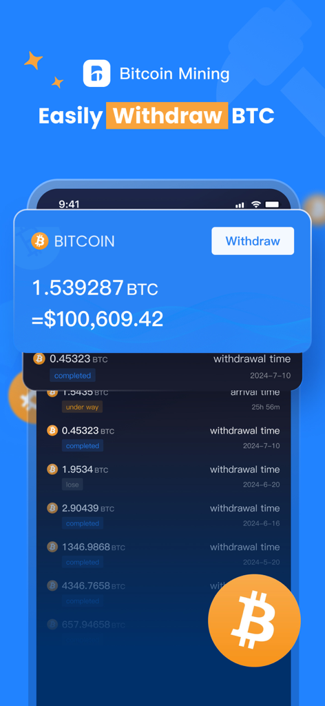Bitcoin Mining · Cloud Mining - Interface of a Bitcoin mining app showing a balance of one point five BTC and withdrawal history