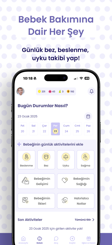 Elika Baby Care and Monitoring - Painel do aplicativo Elika Baby Care and Monitoring mostrando opções de rastreamento para alimentação, fraldas, sono e desenvolvimento de saúde.