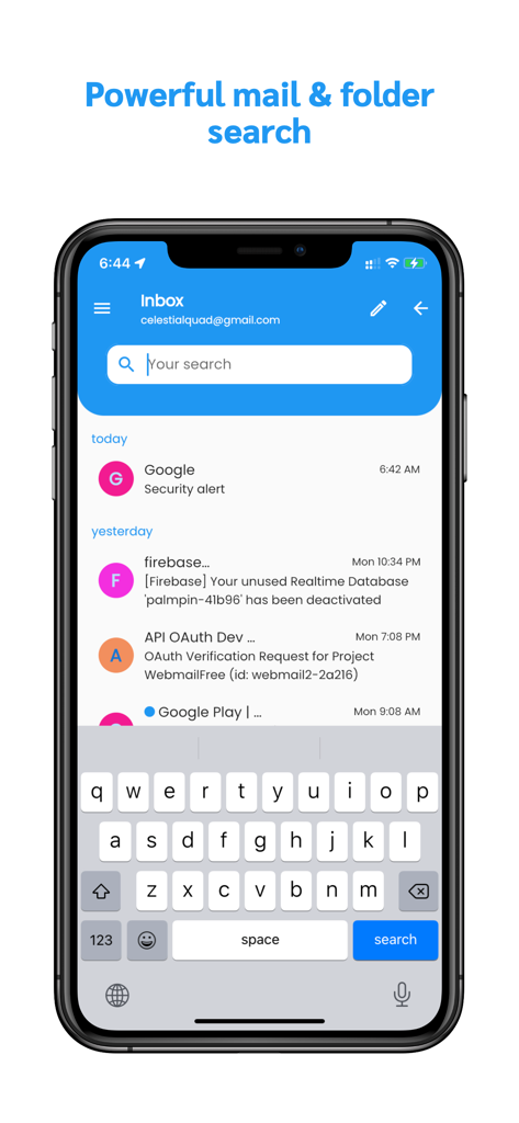 Webmail App search interface on an iPhone displaying a search bar above an email inbox with an active keyboard