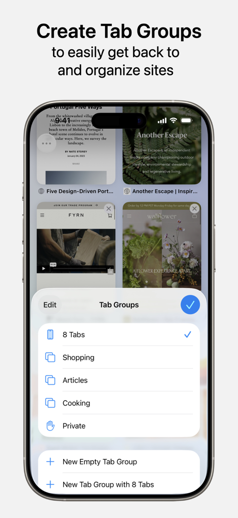 Safari - Interfaz de la aplicación móvil Safari mostrando el menú de grupos de pestañas para organizar sitios web en iPhone.