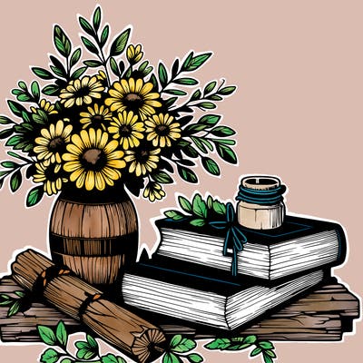 rustic books and flowers realistic