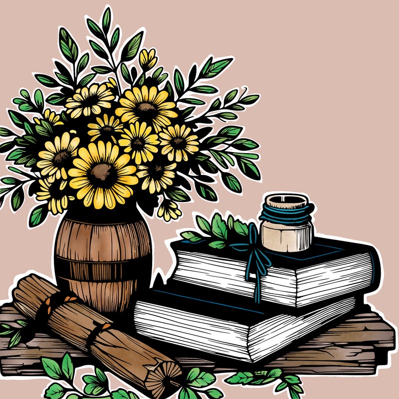 rustic books and flowers realistic