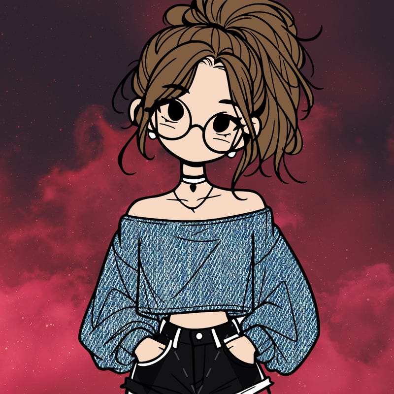 girl with a messy ponytail glasses a baggy crop top and jean shorts