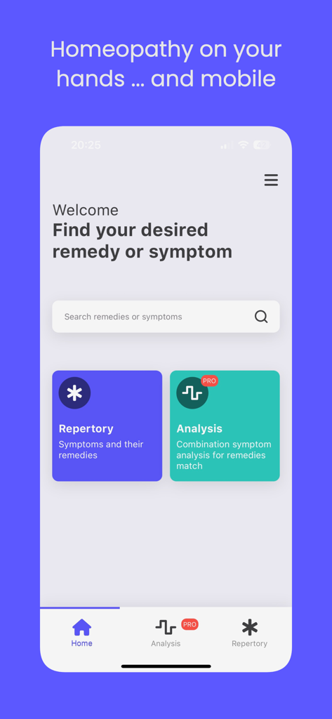 Healio Homeopathy - Healio Homeopathie mobile App-Oberfläche mit Suchleiste für Mittel und Schaltflächen für Symptom-Repertorien und Analysen