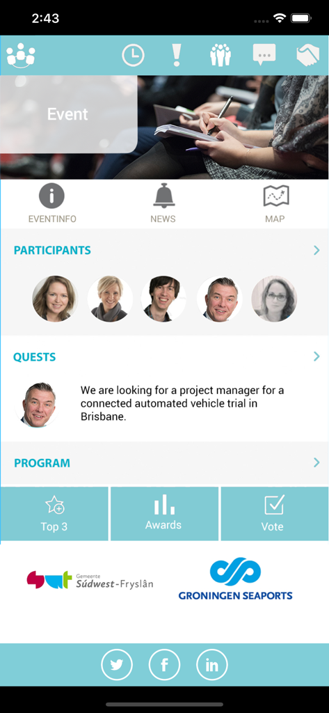 Networkapp - Networkapp mobile interface showing event details, participant profiles, and professional networking quests