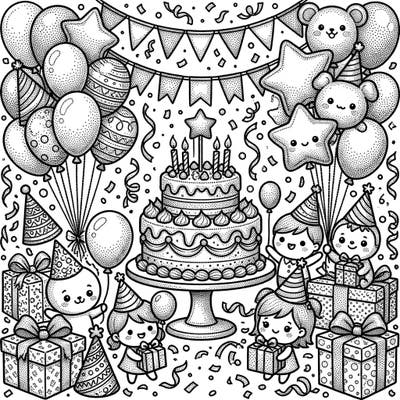 Get ready to celebrate with this enchanting Dot Work Birthday Party coloring page! Featuring intricate stippling patterns, this design brings together festive cakes, balloons, and cheerful characters for a truly unique coloring experience.
