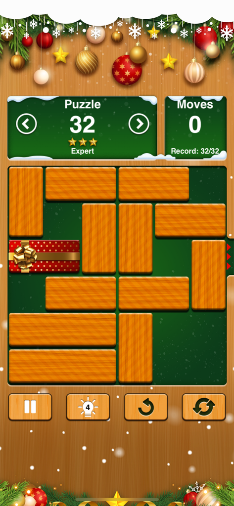 A festive Christmas themed puzzle level in Unblock Me Premium with wooden blocks and holiday decorations