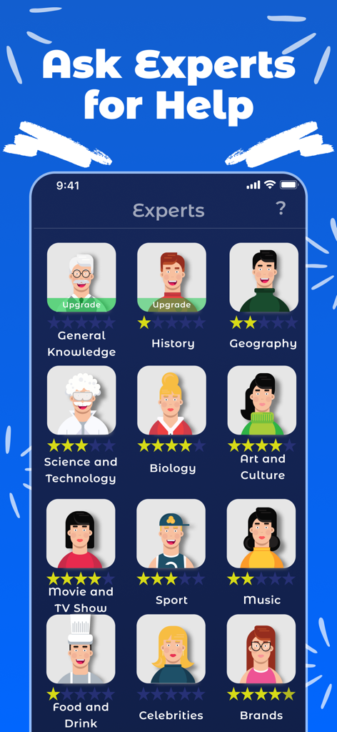 Quizy - General Knowledge Quiz - Interfaz de la aplicación Quizy que muestra diversos expertos para diferentes categorías de trivia como historia y ciencia