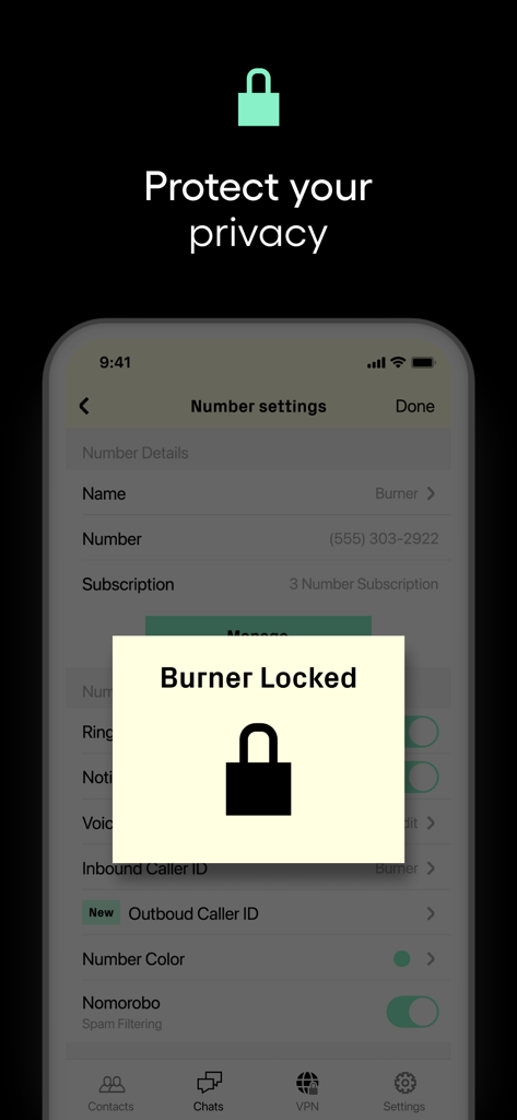 Burner: Second Phone Number - Burnerアプリのインターフェースは、プライバシーロック画面と安全な電話番号設定を表示しています。