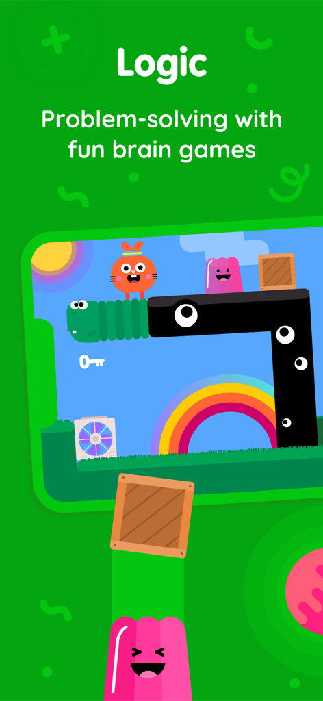A screenshot of Thinkrolls showing logic and problem solving brain games for kids with colorful characters and puzzles