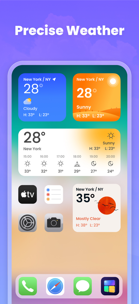 A variety of colorful and aesthetic weather widgets on an iPhone home screen display