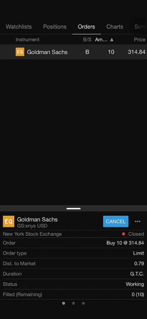 AB Invest Mobile - AB Invest Mobile app interface displaying a working limit order for Goldman Sachs stock