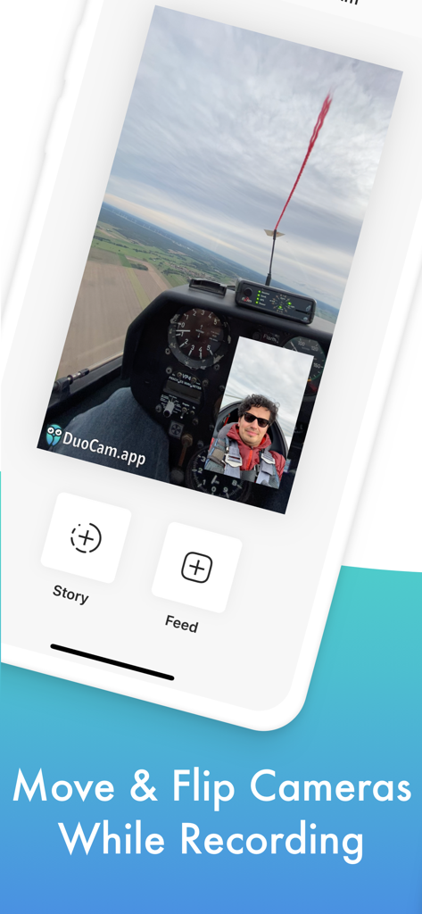 DuoCam app interface showing dual camera recording with a pilot in picture-in-picture mode while flying