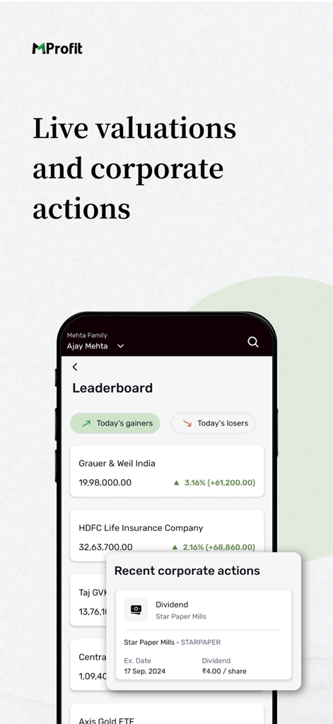 MProfit - MProfit app interface displaying live stock valuations and recent corporate actions like dividends