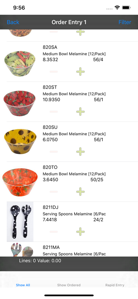 SalesPresenter app screen showing a digital product catalog for order entry