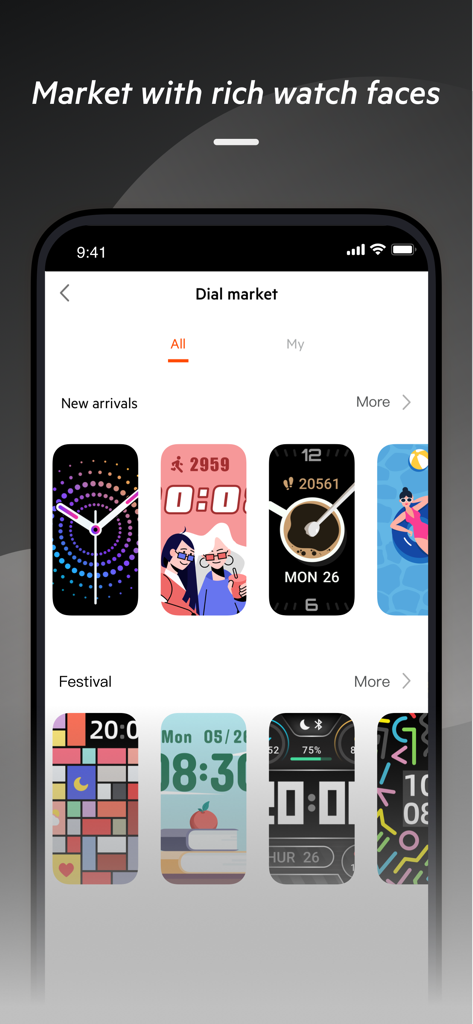 Ryze Connect - Ryze Connect app showing a variety of colorful watch faces in the dial market