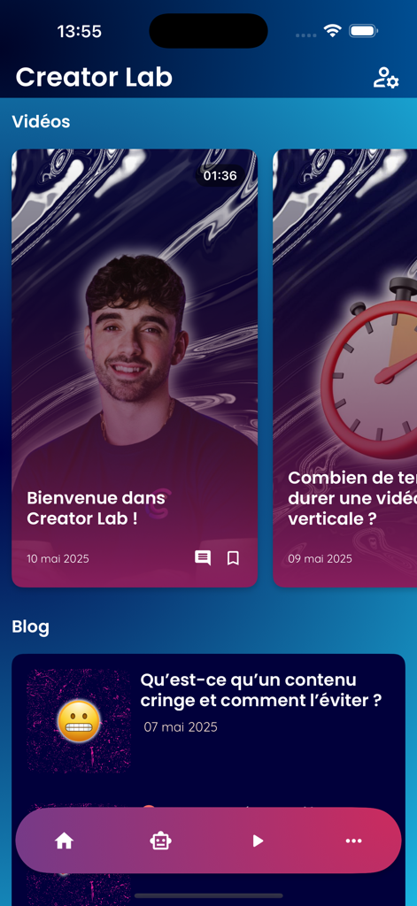 Creator Lab – IA et cours - Creator Lab App-Oberfläche mit Videotutorials und Blogbeiträgen für Social-Media-Creator