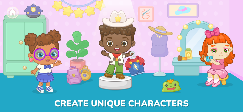 Écran de personnalisation de personnage dans une application éducative pour tout-petits montrant des enfants dans différentes tenues