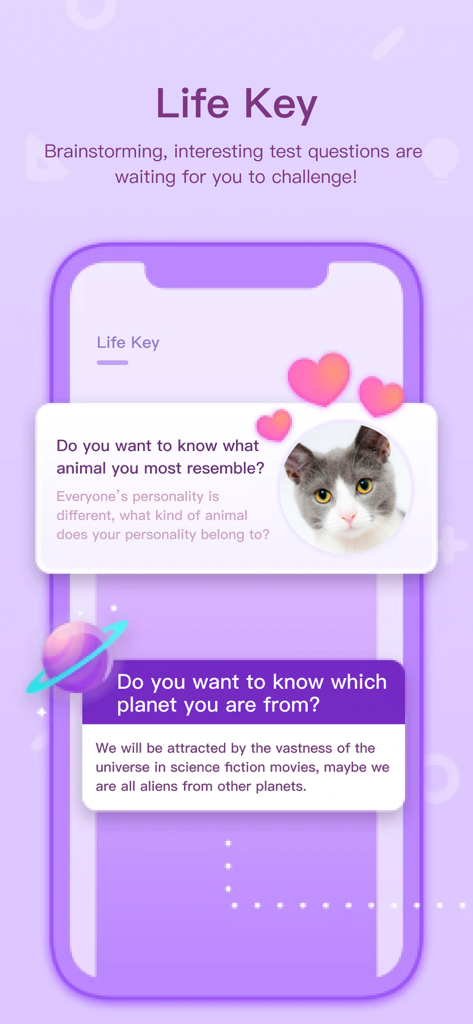 Life Key- Master Your Future - 동물 닮은꼴 및 집 행성에 대한 성격 테스트 질문을 보여주는 Life Key 앱 인터페이스