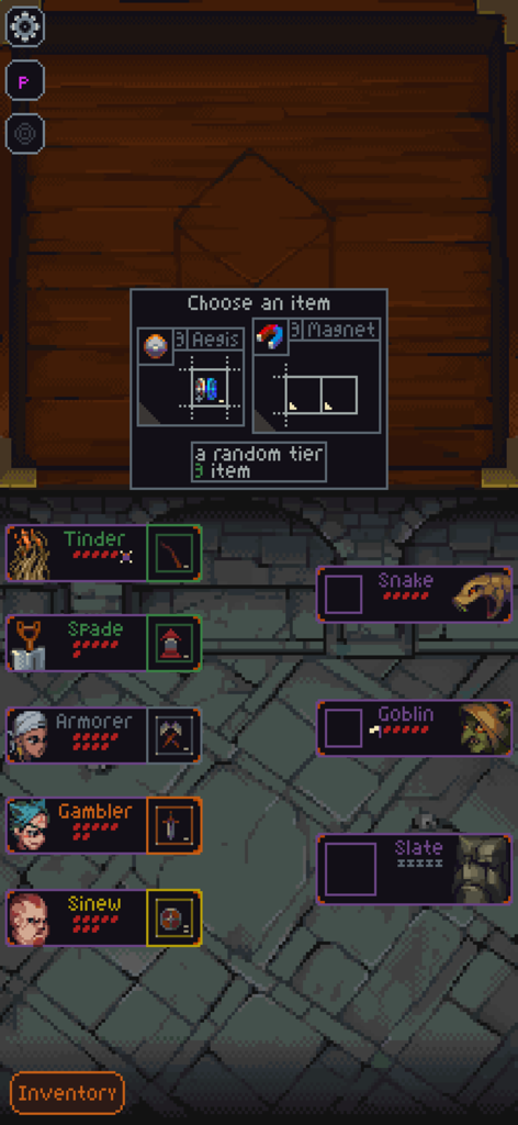 Slice & Dice - Ein taktischer Bildschirm zur Auswahl von Gegenständen in Slice and Dice mit Pixel-Art-Helden und -Gegnern während einer Kampfrunde.