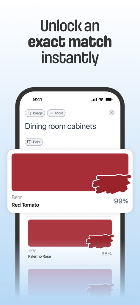 Smartphone screen showing a 99 percent paint color match for Behr Red Tomato.