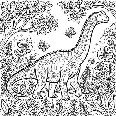 Dive into a prehistoric spring with this amazing Patagotitan coloring page! Kids will love bringing this gentle giant and its blooming surroundings to life with their favorite colors.