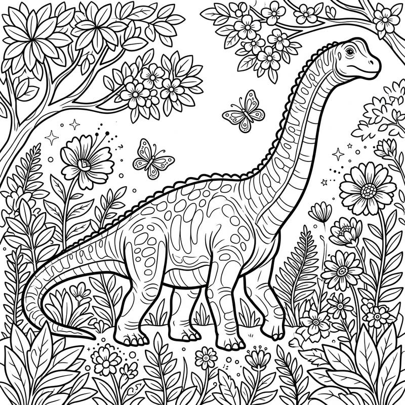 Dive into a prehistoric spring with this amazing Patagotitan coloring page! Kids will love bringing this gentle giant and its blooming surroundings to life with their favorite colors.