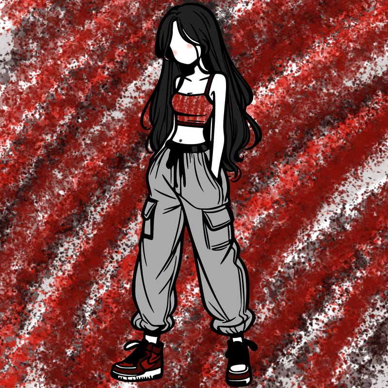 girl in baggy pants crop top and long hair