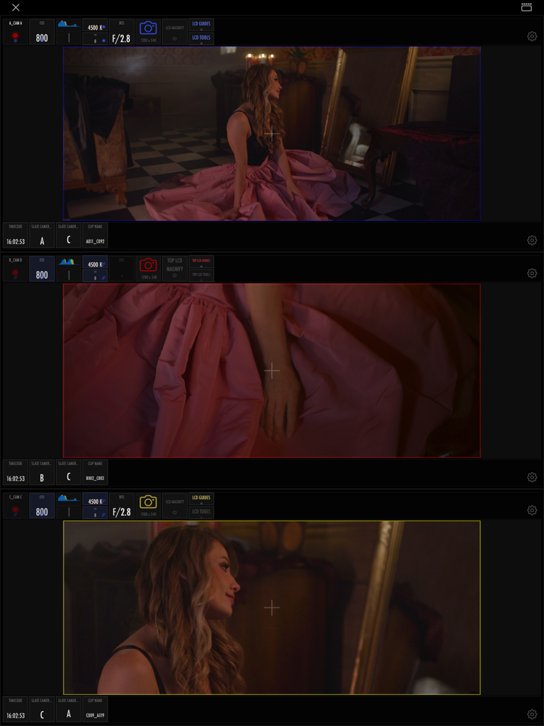 Interface showing three live camera feeds from different angles with professional settings like ISO and aperture on screen.