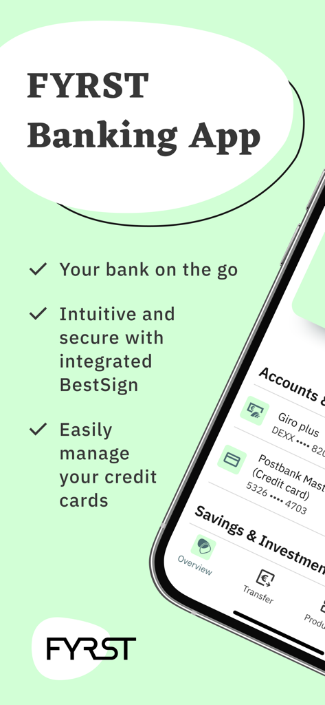 Schermata dello smartphone che mostra le funzionalità dell'app bancaria FYRST come la sicurezza BestSign e la gestione delle carte.