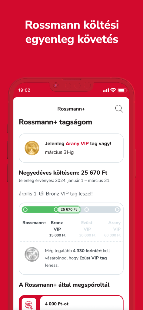 Rossmann app loyalty program screen showing membership status and spending tracker